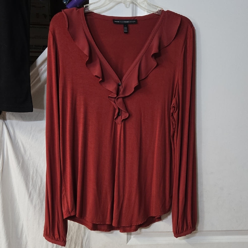 White House Black Market Red Ruffled Blouse Cinnamon Large